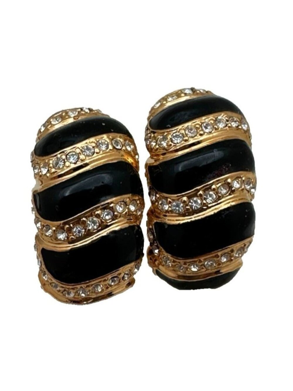 Vintage 80s Enamel Rhinestone Earrings Cip On Hoop Pave Hollywood Glam Black Gol